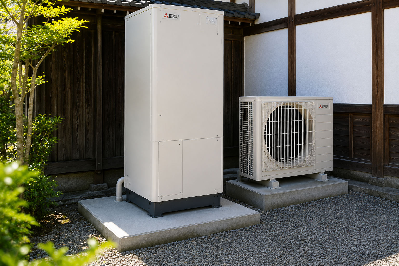 古い業務用エアコンを最新機種へ更新したお寺の屋外設備