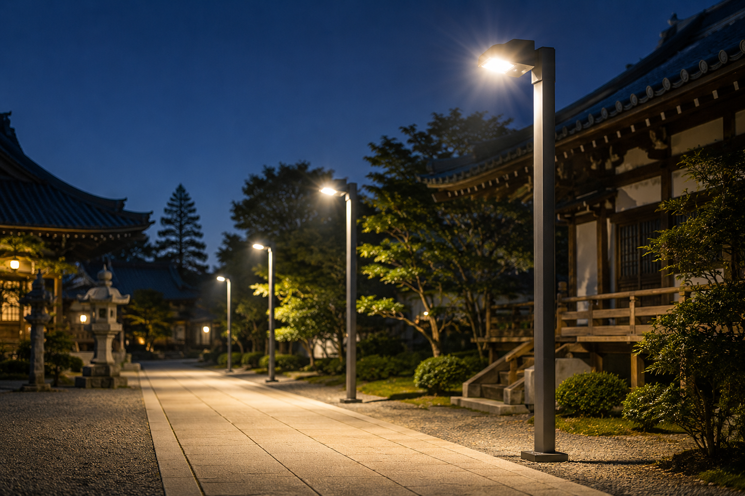 夜間のお寺の参道を照らすLED外灯のイメージ